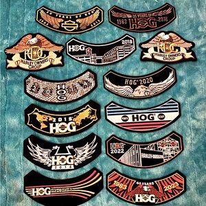 12 HARLEY DAVIDSON OWNERS GROUP (ROCKER)
HOG PATCHES -2013-2023 ,2 ARE NOT DATED